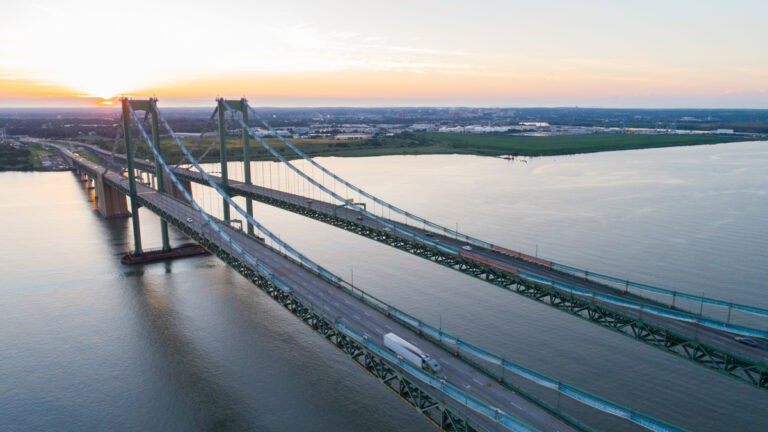 Delaware Memorial Bridge aerial view at sunrise