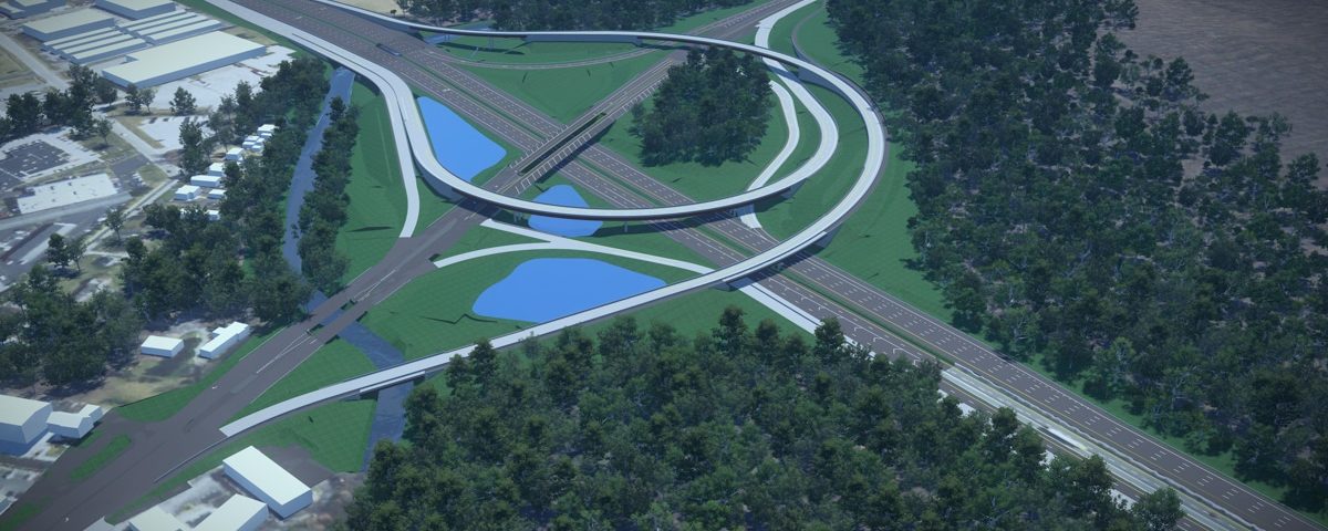 I-95 and SR 896 interchange roadway rendering with trees and roads
