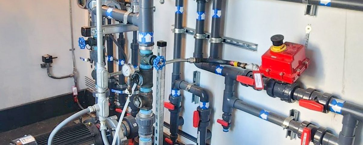 Petroleum facility piping and white walls