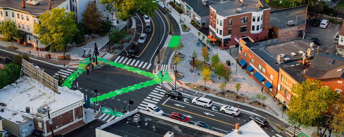 Aerial view of Inman Square in Cambridge
