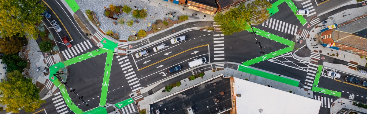 Inman Square aerial view of roads and green bike lanes