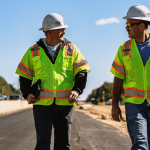 Two NXL staff in yellow vests and hard hats walking along a road on a project site