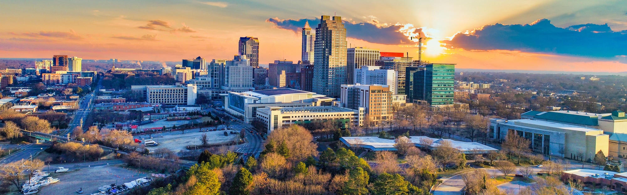 Downtown Raleigh, North Carolina, USA Skyline Aerial Raleigh skyline at sunset