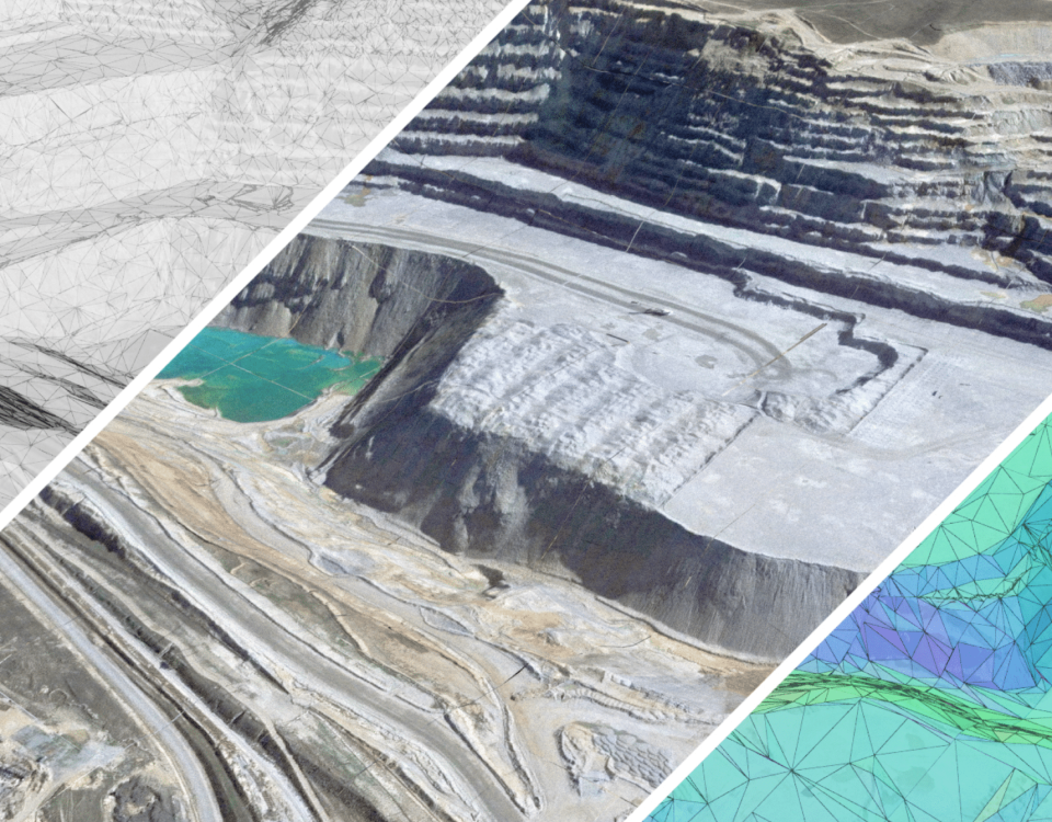 Three images of various stages of 2D and 3D visualization tools depicting mining and quarry project