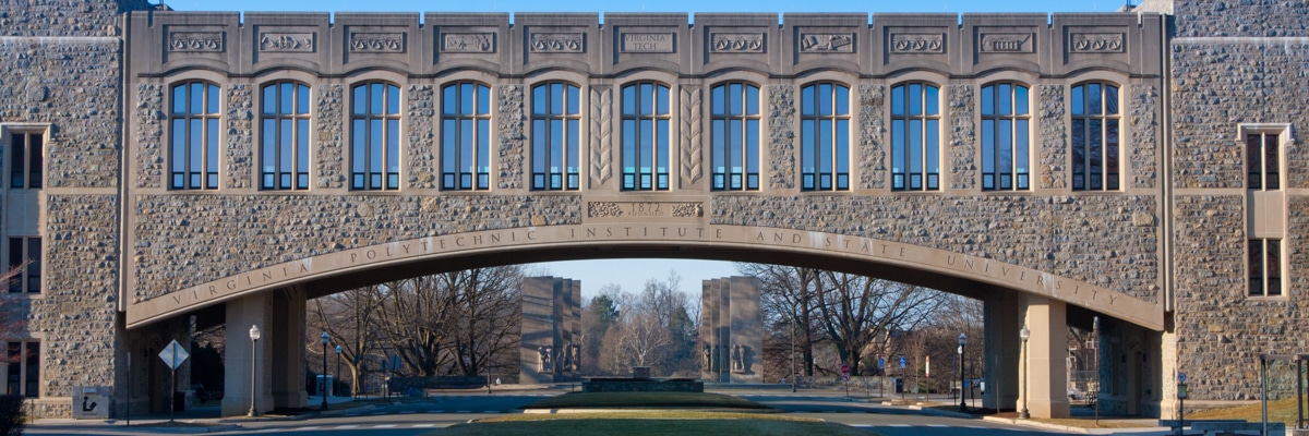 Torgersen Hall and bridge to Newman Library at Virginia Tech