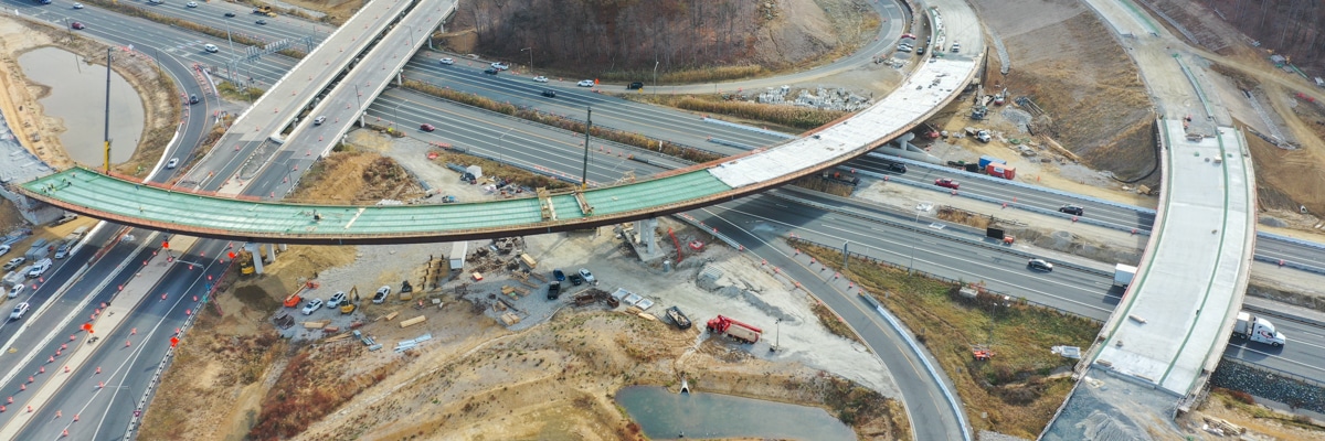 Aerial view of highway interchange construction