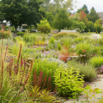 Stock photo of rain garden designed to capture and absorb rainwater, featuring plants that can thrive in both wet and dry conditions.