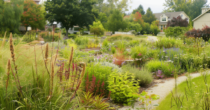 Stock photo of rain garden designed to capture and absorb rainwater, featuring plants that can thrive in both wet and dry conditions.