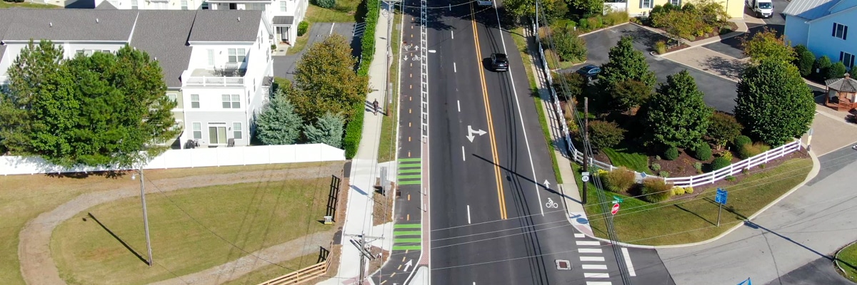 JB Trail in Delaware aerial view with road, bike path, houses, and trees