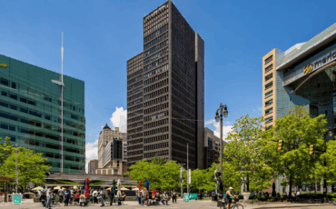 Exterior shot of new Kleinfelder Detroit office at 1001 Woodward Avenue. Photo credit: WeWork Community Team