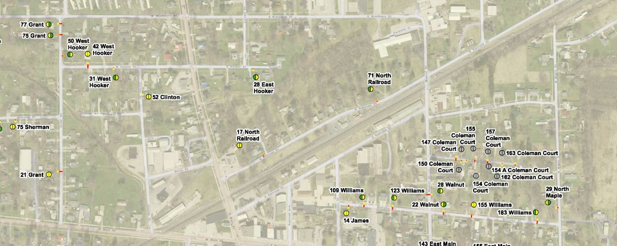 map of New London, Ohio, with pins for lead service line locations