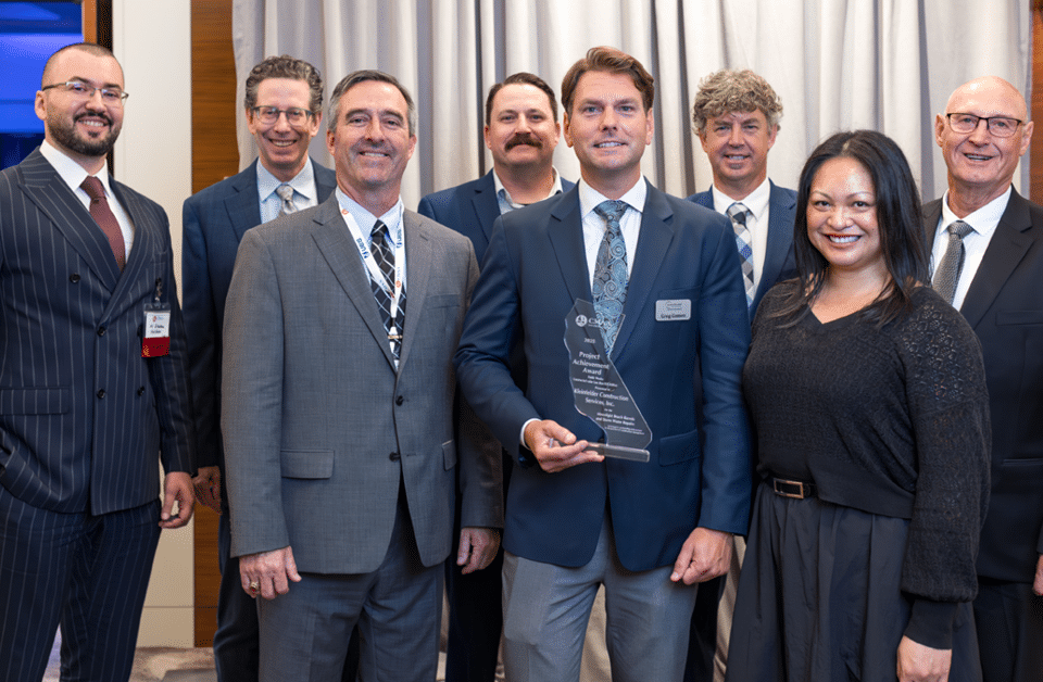 Staff from Kleinfelder Construction Services accept the 2025 Project Achievement Award in the Public Works category for projects under $25 million for the City of Encinitas Moonlight Beach Barrels and Storm Water Repairs Project