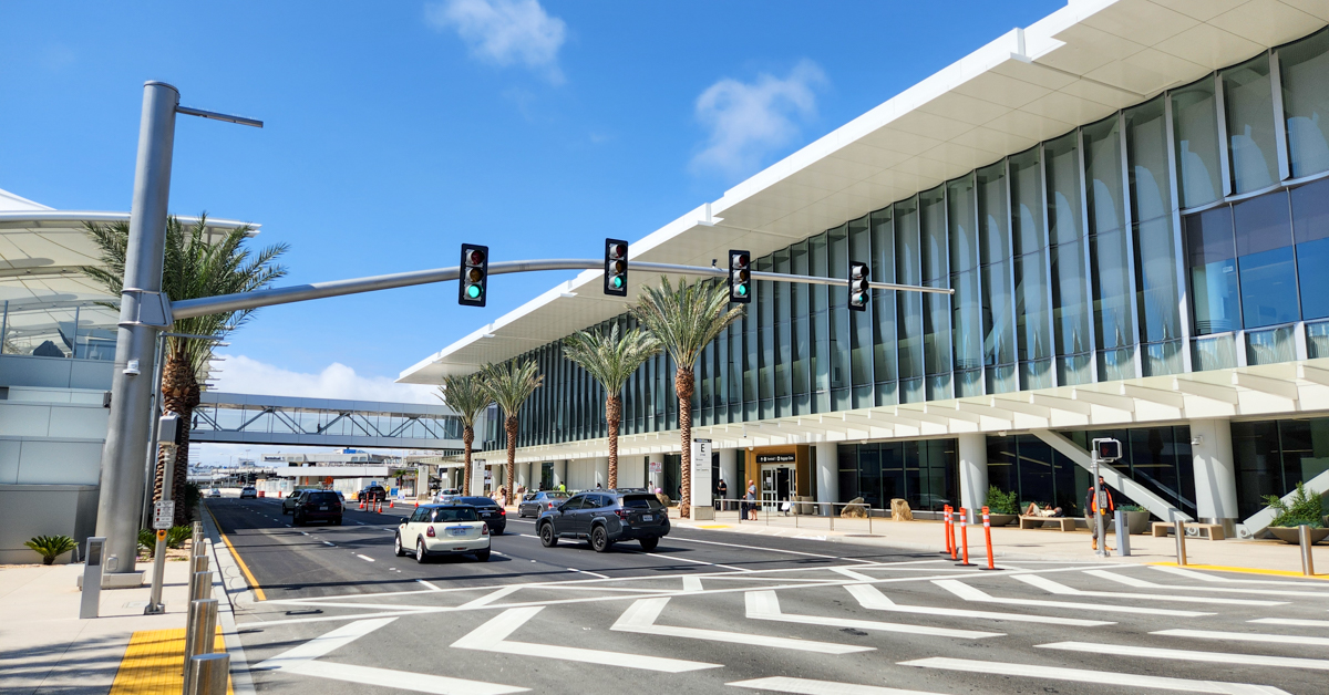 San Diego International Airport New Terminal 1 project exterior facade with road and cars