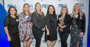 Anna Finlay (KCS), Jennifer Winn (EVMWD), Sylvia Ornelas (EVMWD), Gina Chapa (KCS), Christina Henry (EVMWD), and Haley Munson (EVMWD) receiving the PRSA-IE Polaris Award