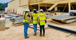 Three people in safety vests standing at construction site