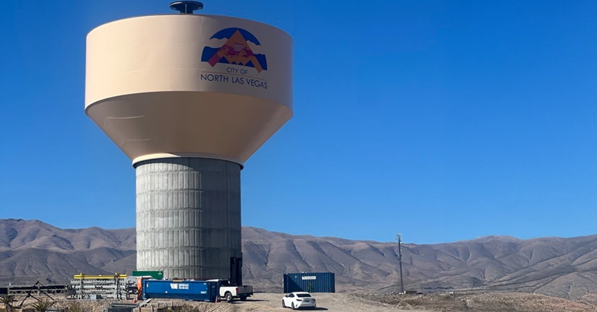 Elevated Water Storage Reservoir with Nevada mountains in background