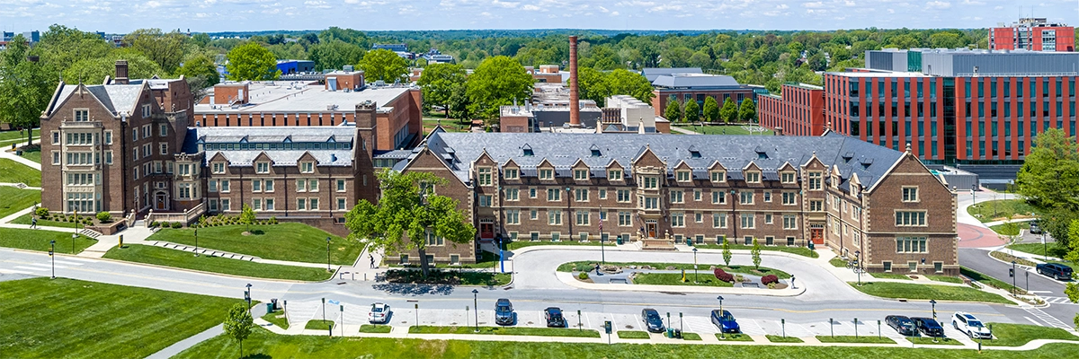 aerial photo of towson university halls with landscaped lawns on sunny day
