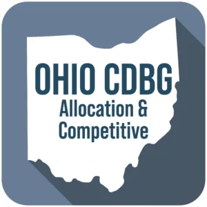 Ohio CDBG Allocation and Competitive icon on blue background with cutout of Ohio outline