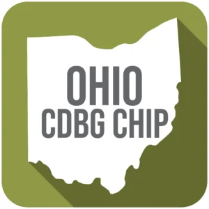 Ohio CDBG CHIP icon on green background with Ohio cutout outline