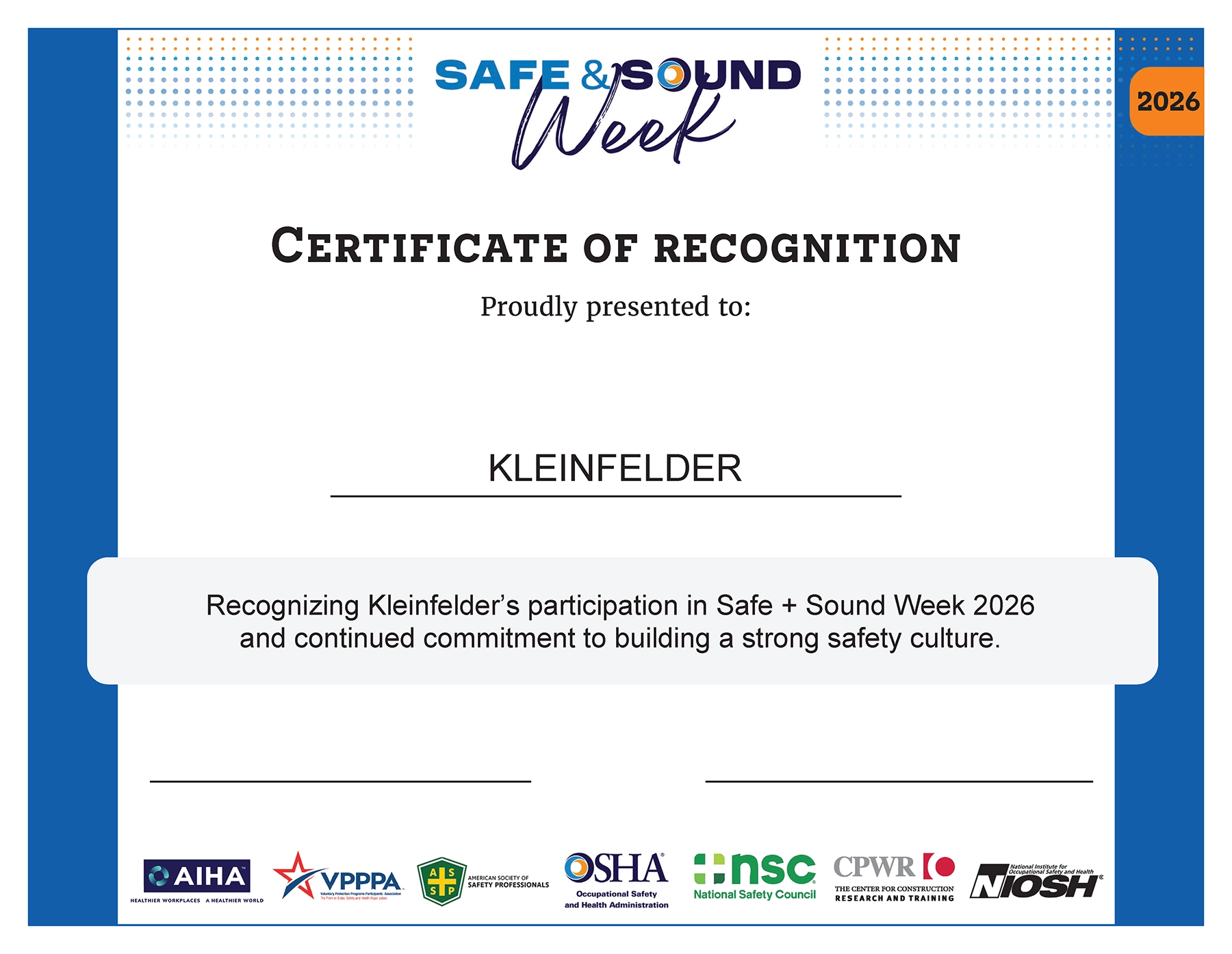 Safe and Sound Week Certificate 2026