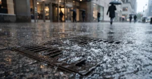 street-level view of stormwater drain during heavy rain with person walking in background