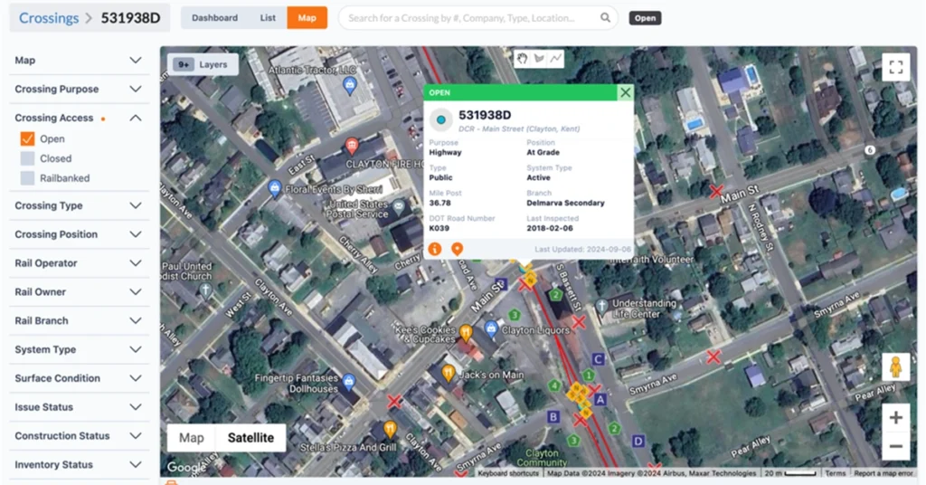 RPM Asset Viewer Screen capture of DelDOT Railroad Program Management asset viewer with city grid map and pop up box with project details