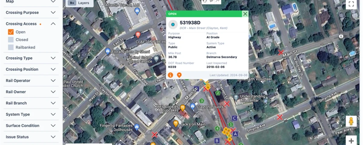 Screen capture of DelDOT Railroad Program Management asset viewer with city grid map and pop up box with project details